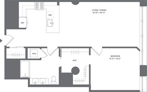 Floor plan for 1 bed, 1 bath, 951 sqft